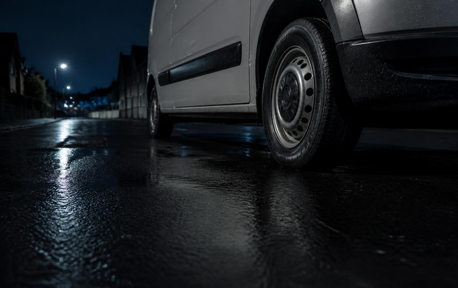 Plumbing van wheels on wet tarmac at night on an Oxfordshire street, emergency call-out