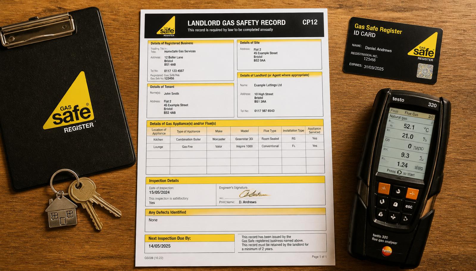 Landlord Gas Safety Record CP12 certificate with Gas Safe Register ID and flue gas analyser