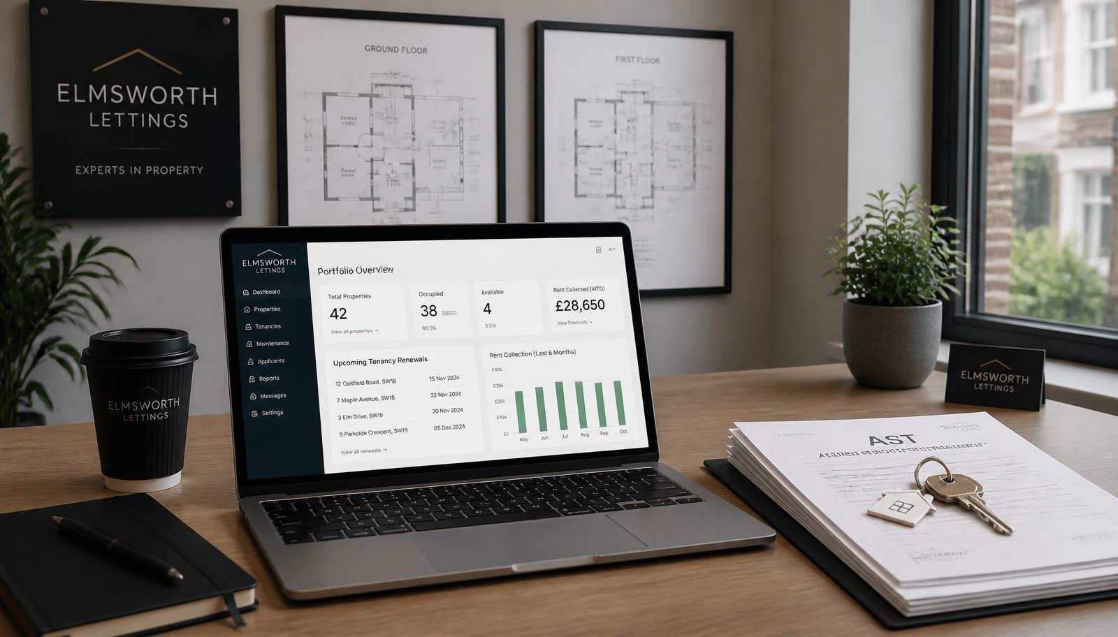 Letting agency office desk with property portfolio dashboard and tenancy paperwork